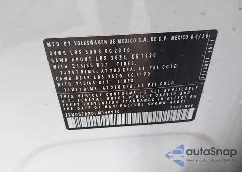 2020 Volkswagen Tiguan 2.0T S from USA, damaged, VIN 3VV0B7AX0LM140910